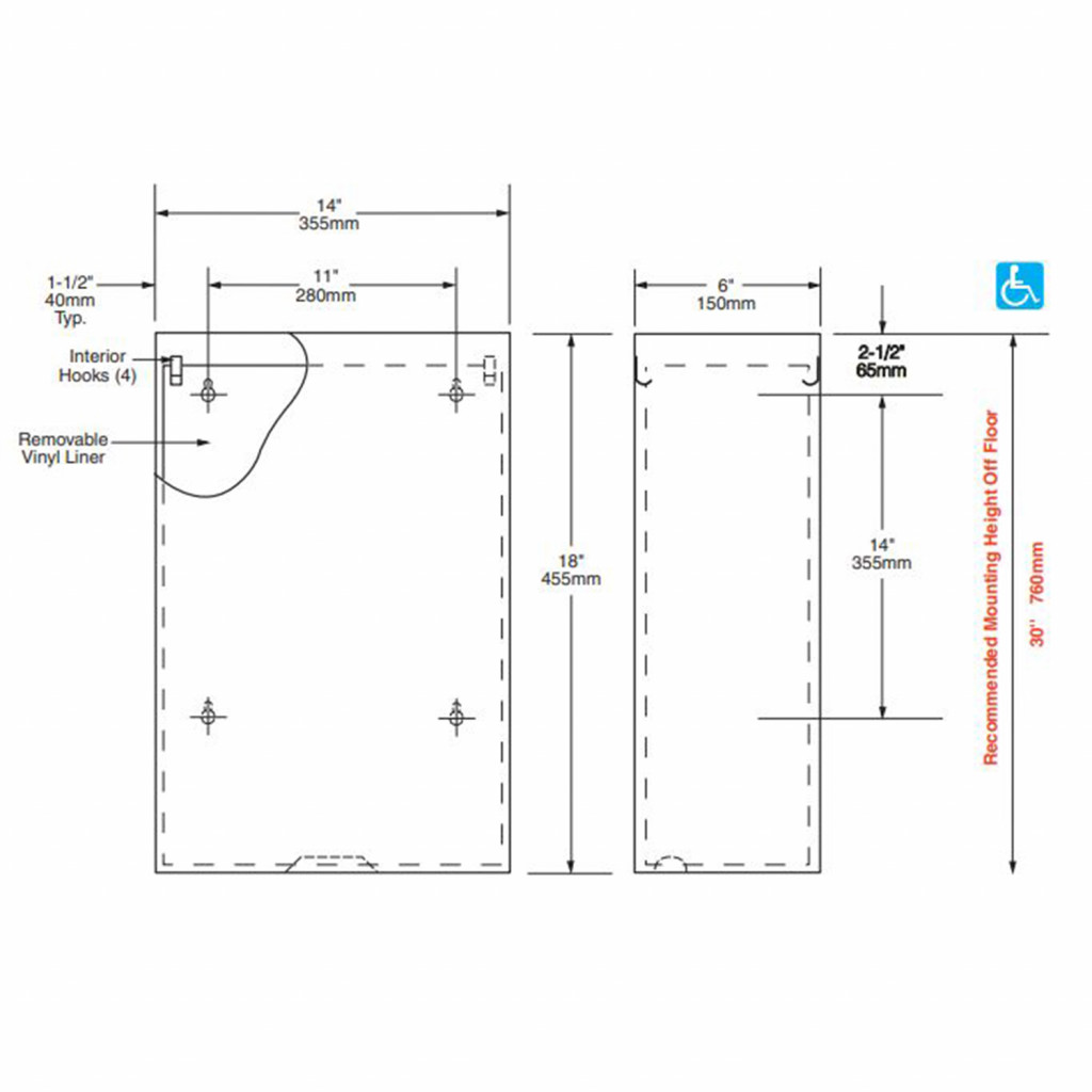 Bobrick ClassicSeries Surface Mounted Waste Bin 24 2L Capacity