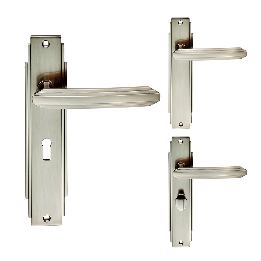 Carlisle Brass Art Deco Lever Door Handle on Plate - Satin Nickel Plate