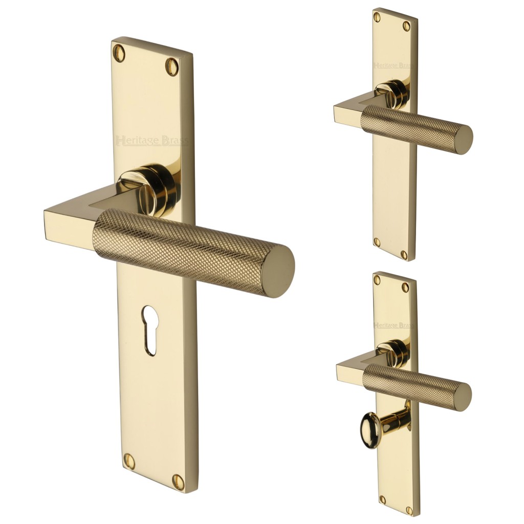 M Marcus Heritage Brass Bauhaus Knurled Door Handle on Plate Polished Brass