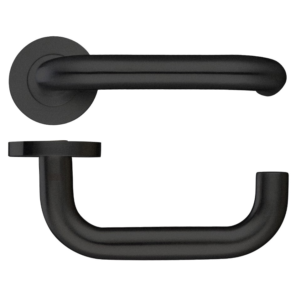 Matt Black Antimicrobial Eco-Friendly Round Rose Return to Door Lever Handles – Push on Rose (Sprung)