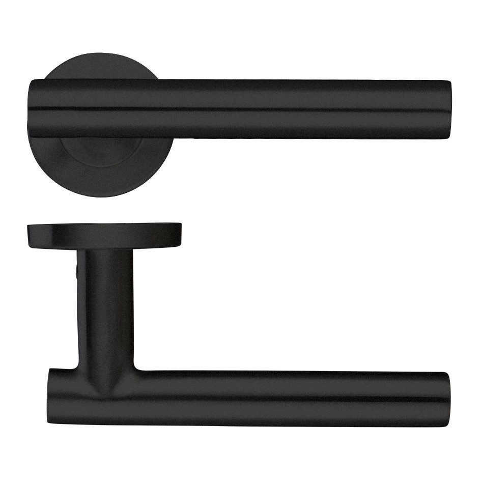 Matt Black Antimicrobial Eco-Friendly Round Rose T-bar Lever Handles – Push on Rose (Sprung)