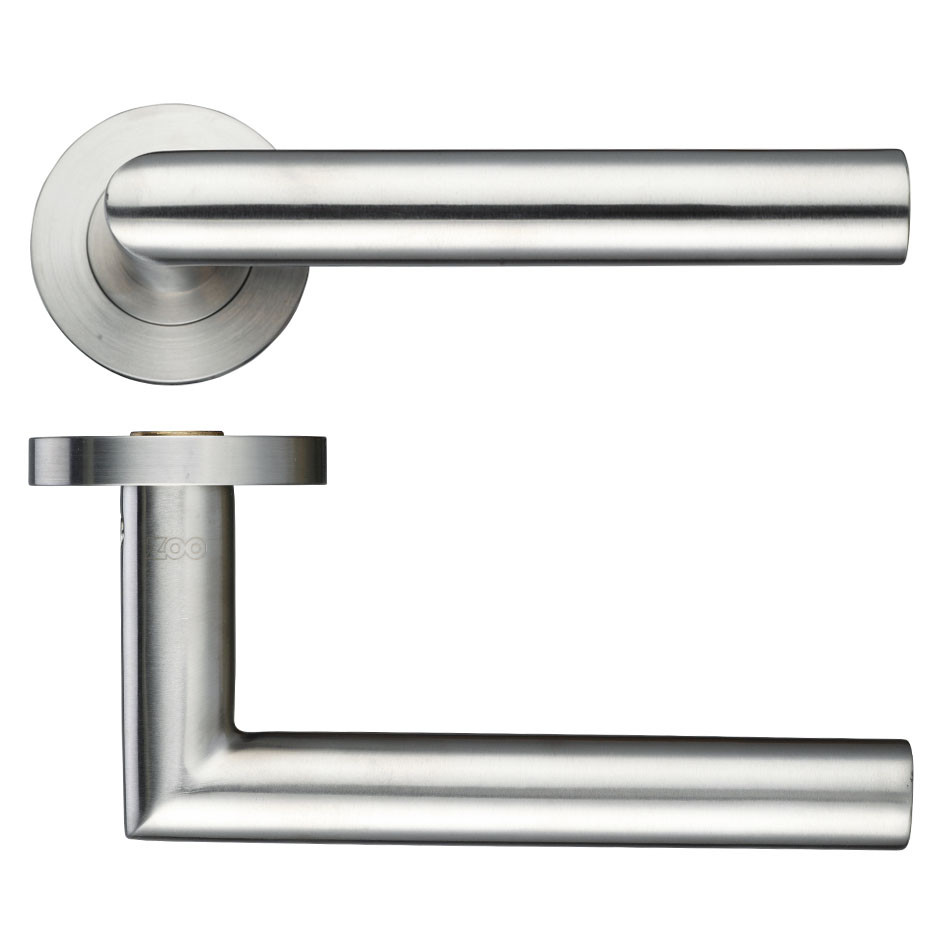 Satin Stainless Steel Antimicrobial Round Rose Mitred Lever Handles – Push on Rose (Sprung)