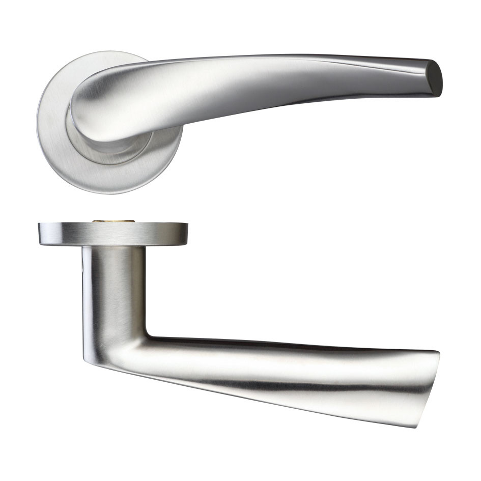 Satin Stainless Steel Antimicrobial Round Rose Curved Lever Handles – Push on Rose (Sprung)