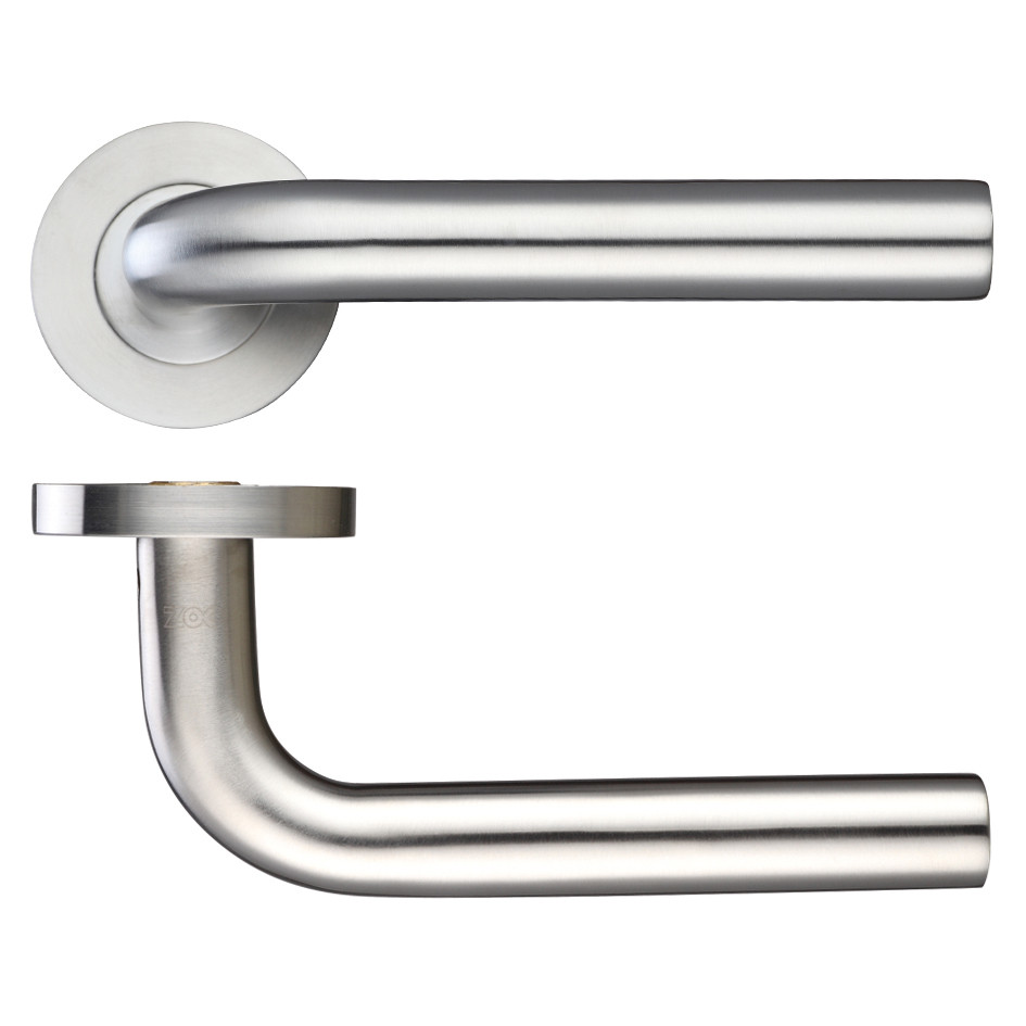 Satin Stainless Steel Round Rose Straight Lever Handles – Push on Rose (Sprung)