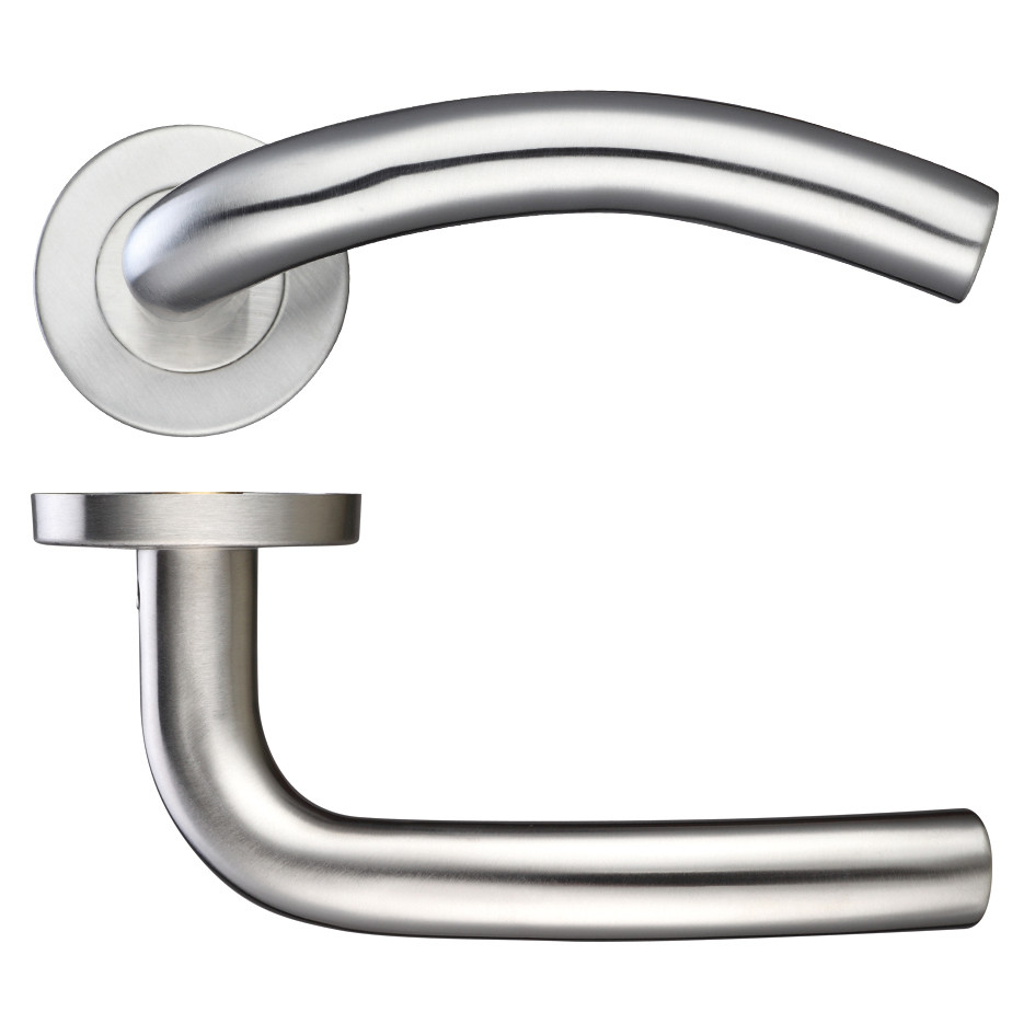 Satin Stainless Steel Round Rose Arched Lever Handles – Push on Rose (Sprung)