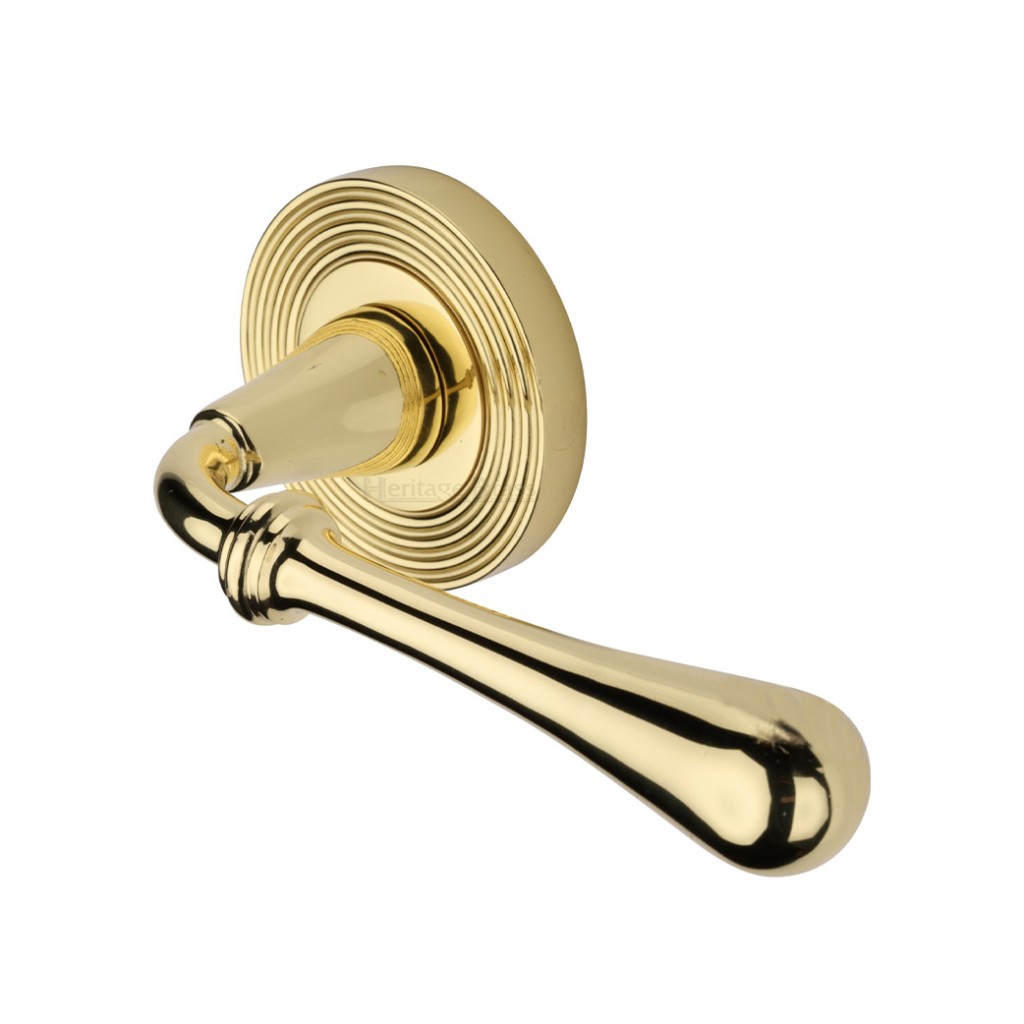 M Marcus Heritage Brass Door Handle Lever Latch on Round Rose Roma Reeded Design