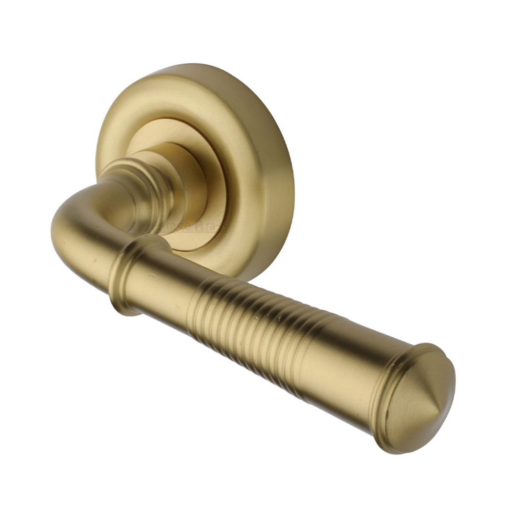 M Marcus Heritage Brass Door Handle Lever Latch on Round Rose Colonial Reeded Design