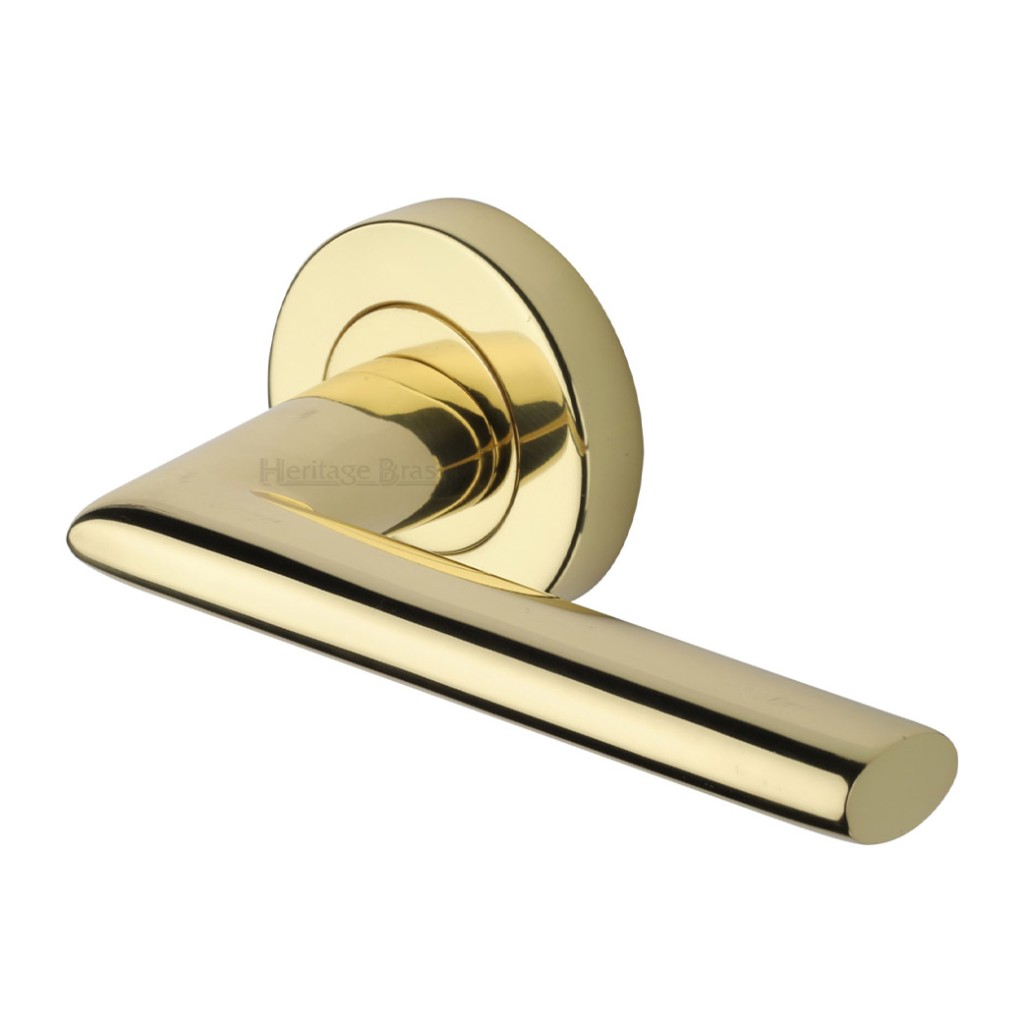 M Marcus Heritage Brass Door Handle Lever Latch on Round Rose Admiralty Design