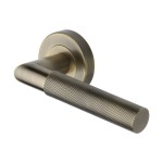 M Marcus Heritage Brass Door Handle Lever Latch on Round Rose Bauhaus Mitre Knurled Design