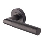 M Marcus Heritage Brass Door Handle Lever Latch on Round Rose Bauhaus Mitre Knurled Design