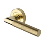 M Marcus Heritage Brass Door Handle Lever Latch on Round Rose Bauhaus Mitre Knurled Design