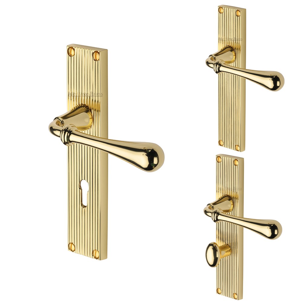 M Marcus Heritage Brass Roma Reeded Door Handle on Plate Polished Brass