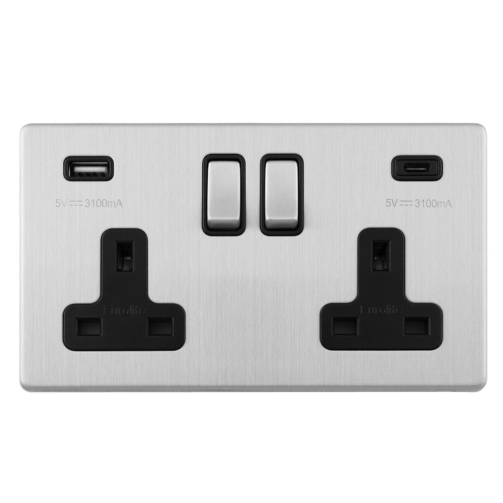 Carlisle Brass Eurolite Concealed 13 Amp Double USB-A & USB-C Socket