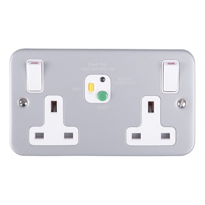 Carlisle Brass Eurolite Utility Metal Clad 13 Amp 2 Gang Double Pole RCD Switched Socket, Passive-30MA Type A