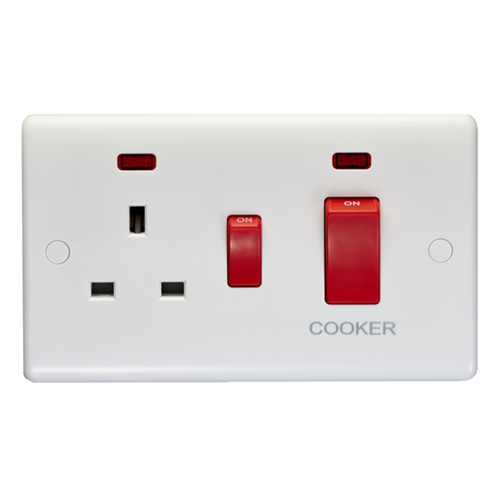 Carlisle Brass Eurolite Enhance White Plastic 45 Amp Cooker Switch with 13 Amp Switched Socket and Neon Indicator