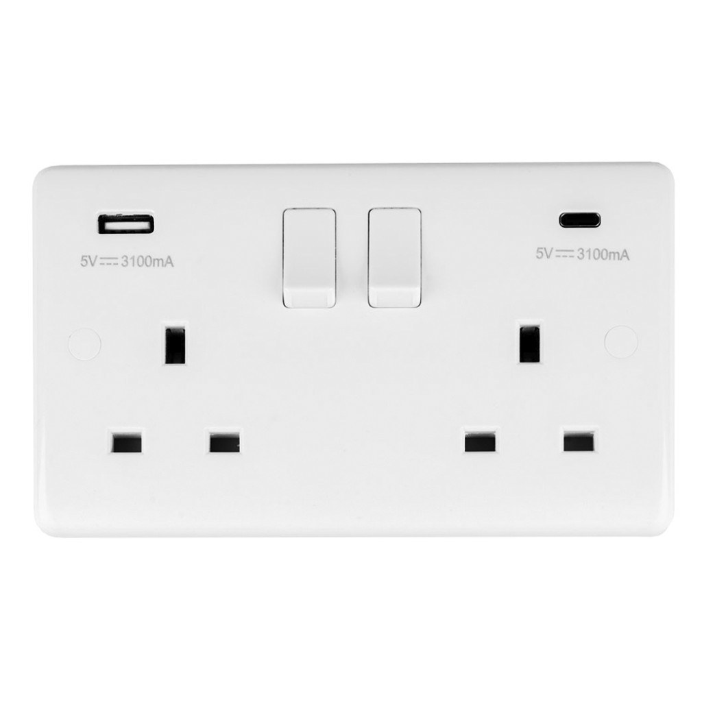 Carlisle Brass Eurolite Enhance White Plastic 13 Amp Double USB-A & USB-C Socket