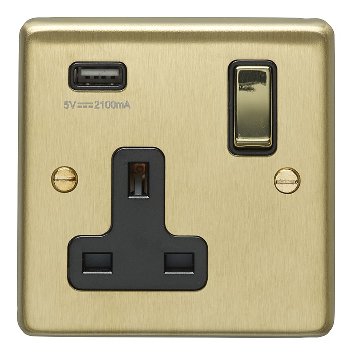 Carlisle Brass Eurolite Stainless Steel Range Round Edge 1 Gang 13 Amp Single Switched Socket with USB-A Outlet