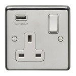 Carlisle Brass Eurolite Stainless Steel Range Round Edge 1 Gang 13 Amp Single Switched Socket with USB-A Outlet