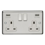 Carlisle Brass Eurolite Stainless Steel Range Round Edge 2 Gang 13 Amp Double Switched Socket with USB-A Outlets