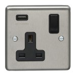 Carlisle Brass Eurolite Stainless Steel Range Round Edge 1 Gang 13 Amp Single Switched Socket with USB-A Outlet