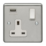 Carlisle Brass Eurolite Stainless Steel Range Round Edge 1 Gang 13 Amp Single Switched Socket with USB-A Outlet