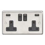 Carlisle Brass Eurolite Stainless Steel Range Round Edge 2 Gang 13 Amp Double Switched Socket with USB-A Outlets