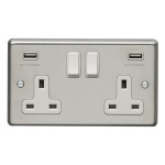 Carlisle Brass Eurolite Stainless Steel Range Round Edge 2 Gang 13 Amp Double Switched Socket with USB-A Outlets