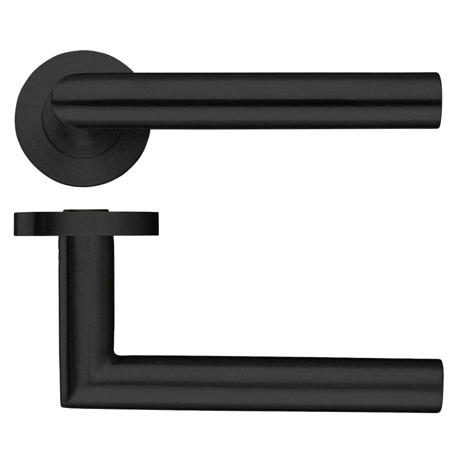 Matt Black Antimicrobial Eco-Friendly Round Rose Mitred Lever Handles – Push on Rose (Sprung)