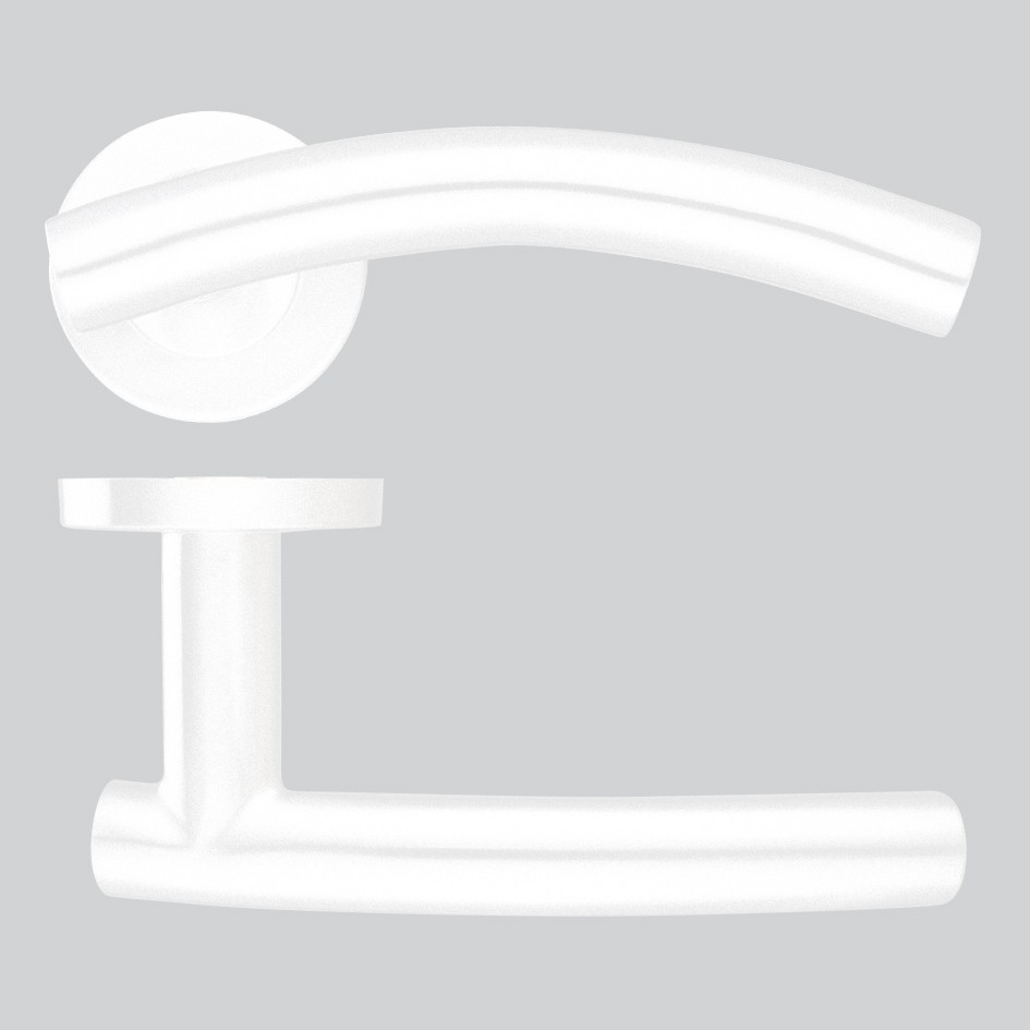 Matt White Antimicrobial Eco-Friendly Round Rose Arched T-bar Lever Handles – Push on Rose (Sprung)