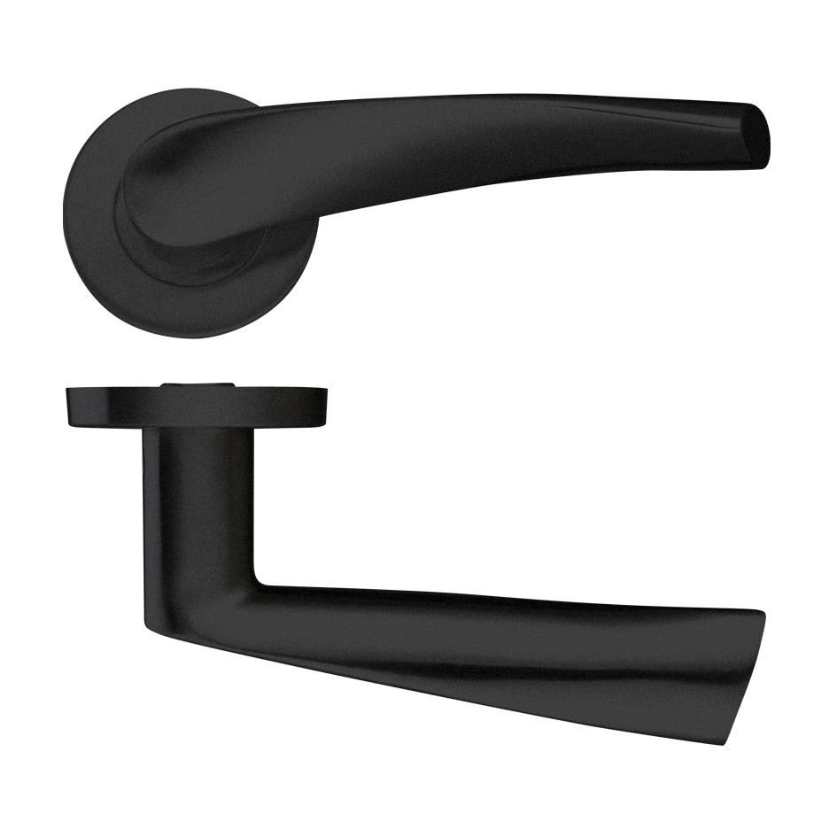 Matt Black Antimicrobial Eco-Friendly Round Rose Curved Lever Handles – Push on Rose (Sprung)