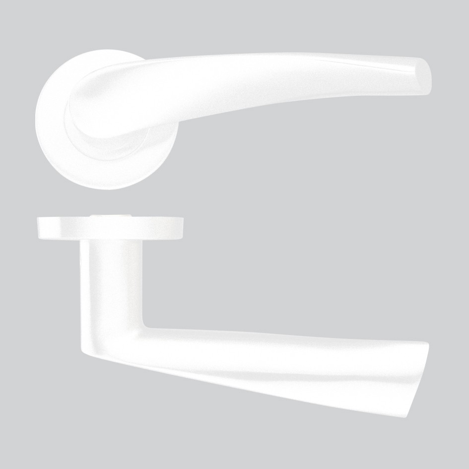 Matt White Antimicrobial Eco-Friendly Round Rose Curved Lever Handles – Push on Rose (Sprung)