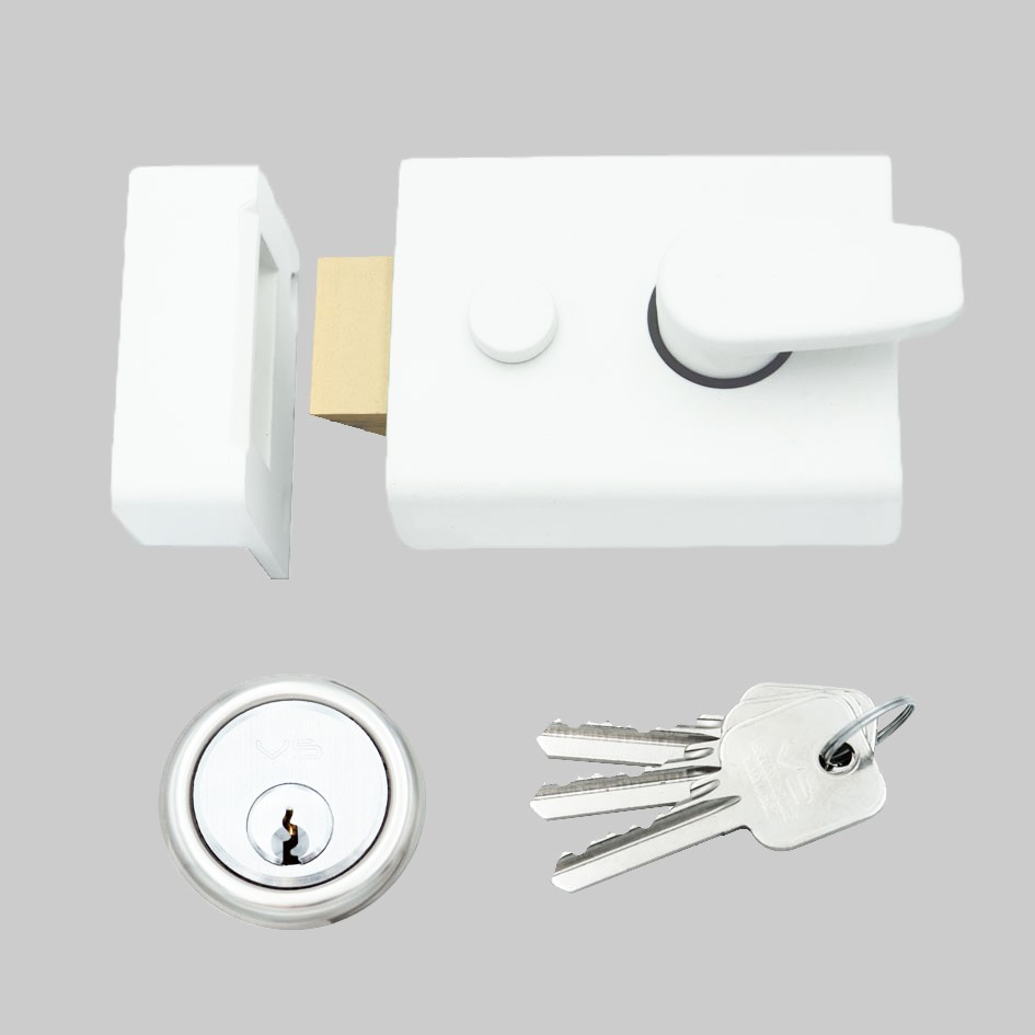 Matt White Antimicrobial Eco-Friendly Standard Non-Deadlocking Rim Night Latch Suitable for Left and Right Handed Doors Opening Inwards – 60mm backset