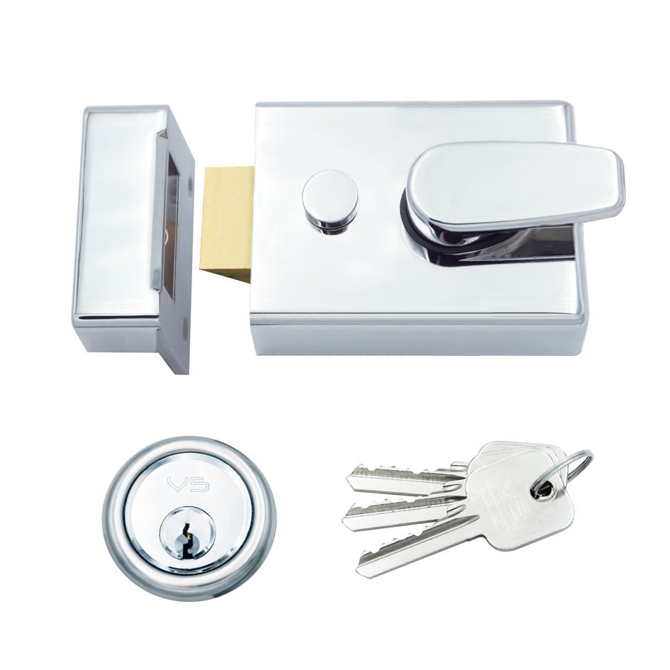 Polished Chrome Plate Standard Non-Deadlocking Rim Night Latch Suitable for Left and Right Handed Doors Opening Inwards – 60mm backset