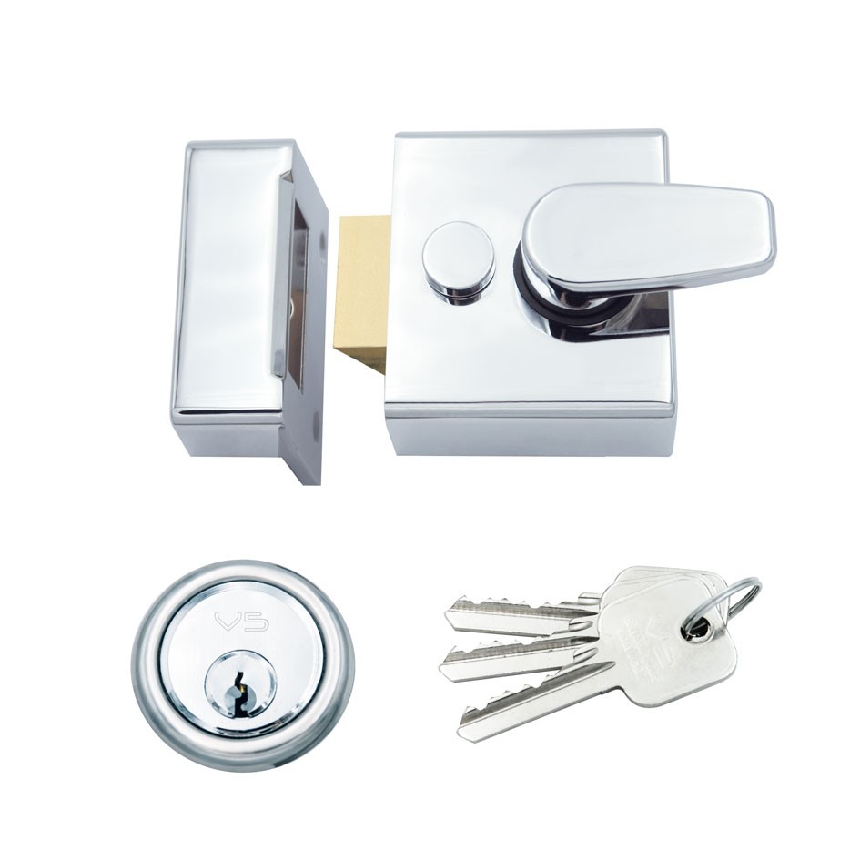 Polished Chrome Plate Narrow Stile Non-Deadlocking Rim Night Latch Suitable for Left and Right Handed Doors Opening Inwards – 40mm backset