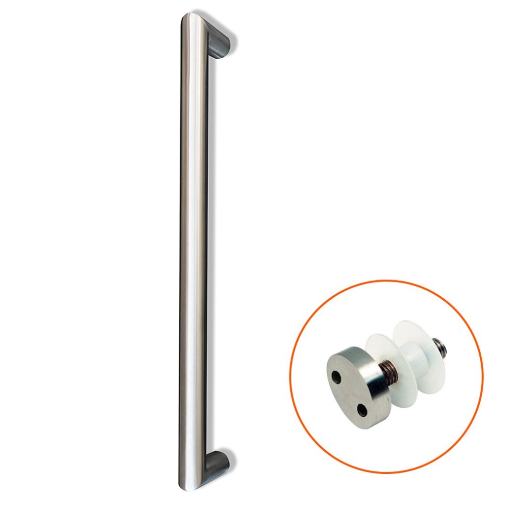 Satin Stainless Steel Antimicrobial Mitred Bolt Through Fixing Pull Handle for Glass Doors complete with Pignose Bolts