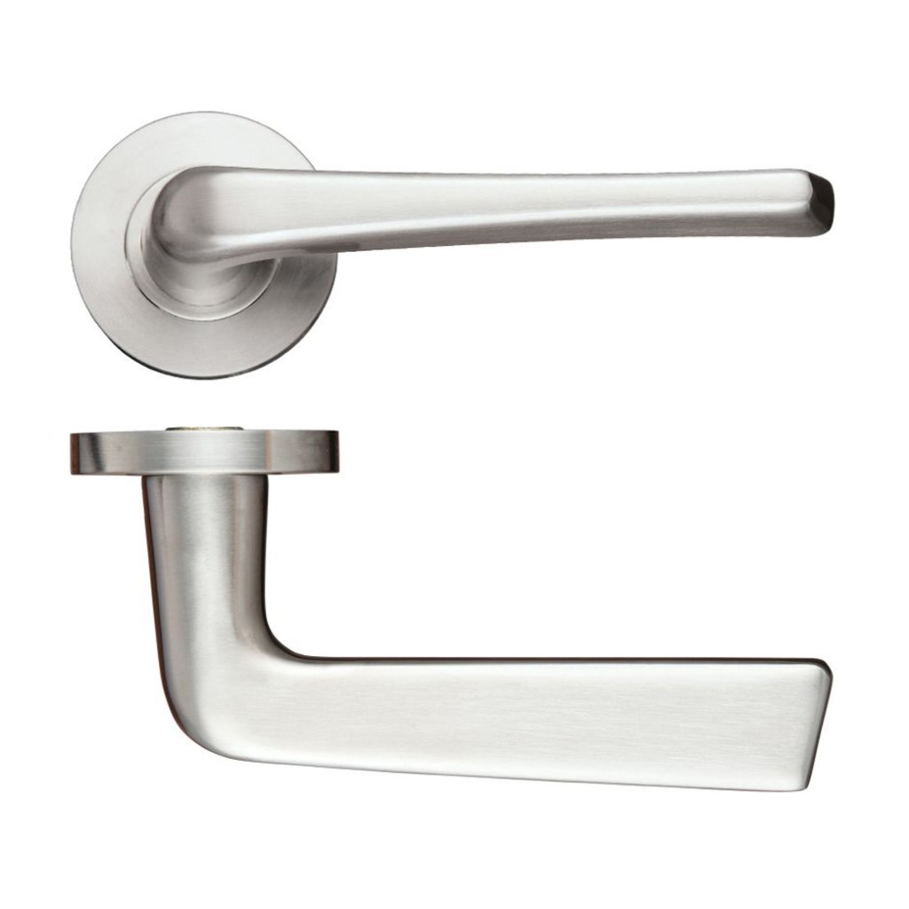 Satin Stainless Steel Antimicrobial Round Rose Lever Handles – Push on Rose (Sprung)