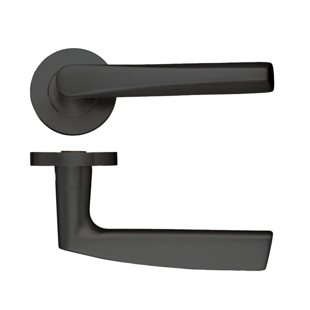 Matt Black Antimicrobial Eco-Friendly Round Rose Angular Lever Handles – Push on Rose (Sprung)