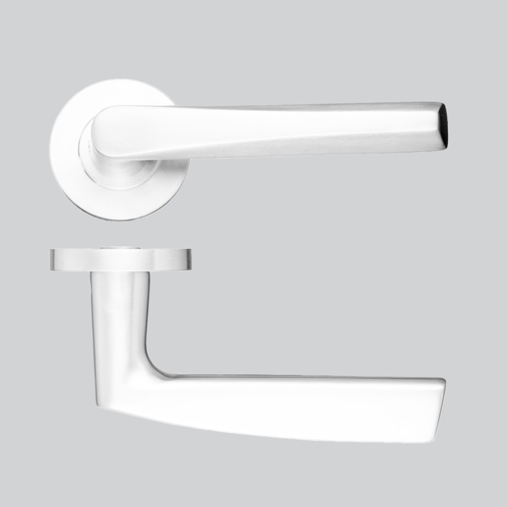 Matt White Antimicrobial Eco-Friendly Round Rose Angular Lever Handles – Push on Rose (Sprung)