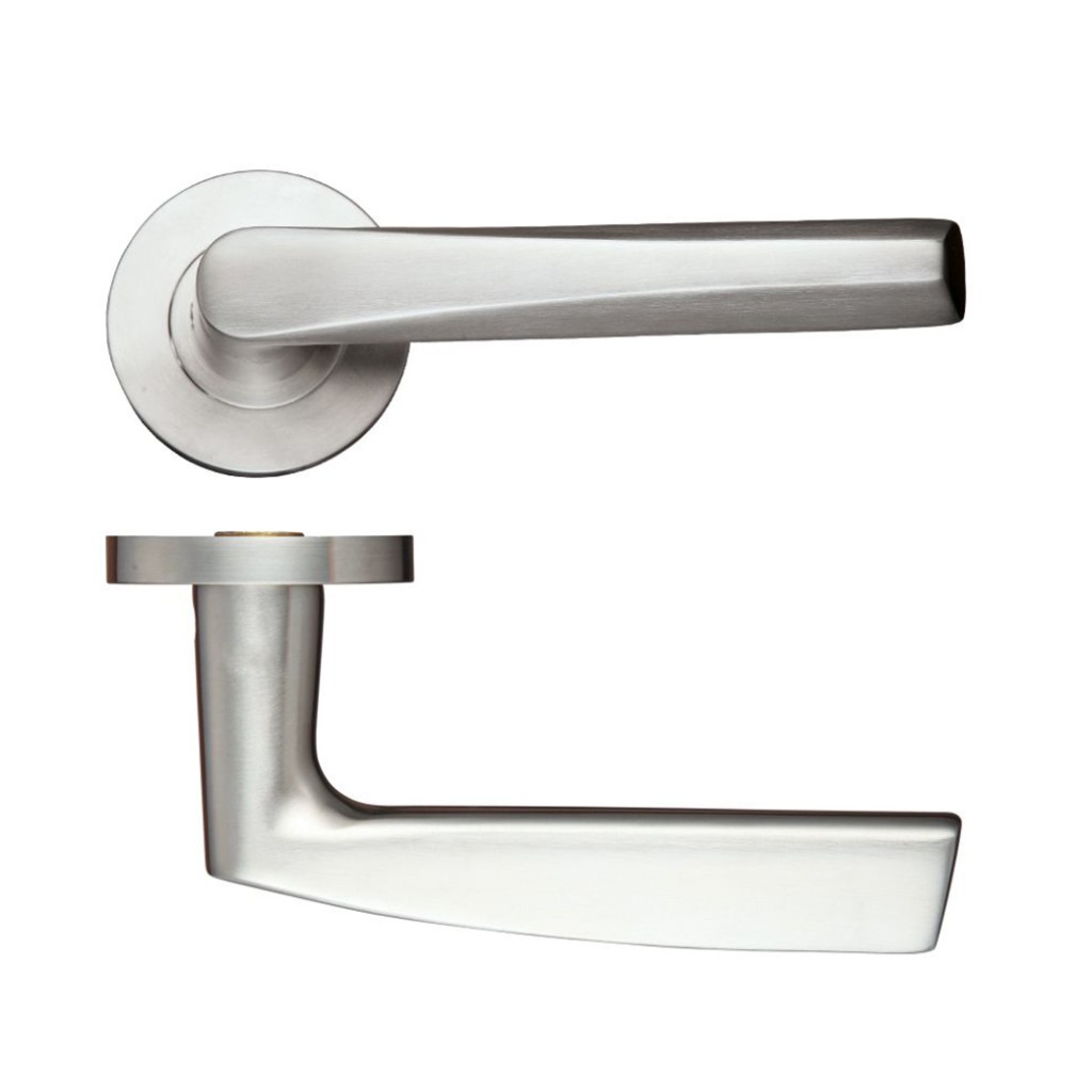 Satin Stainless Steel Antimicrobial Round Rose Angular Lever Handles – Push on Rose (Sprung)