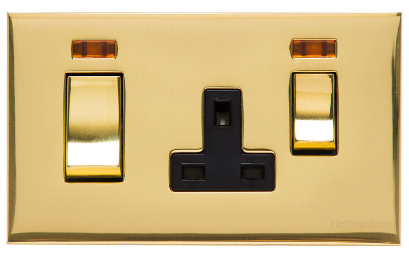 M Marcus Heritage Brass Winchester Range 45A Cooker Unit Switch/13A Socket with Black Trim