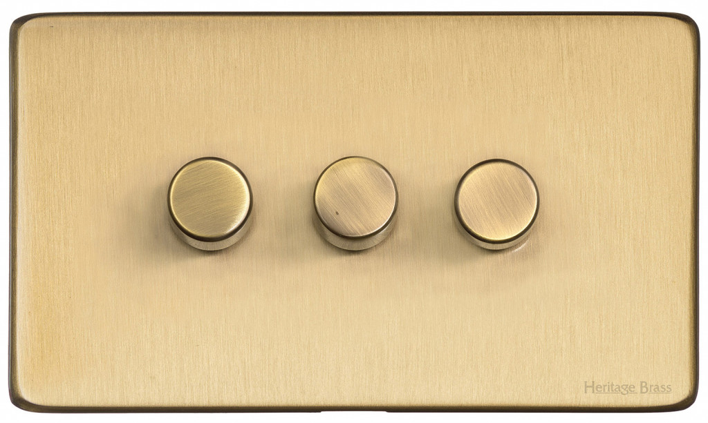 M Marcus Heritage Brass Vintage Range 3 Gang Trailing Edge LED Dimmer Switch